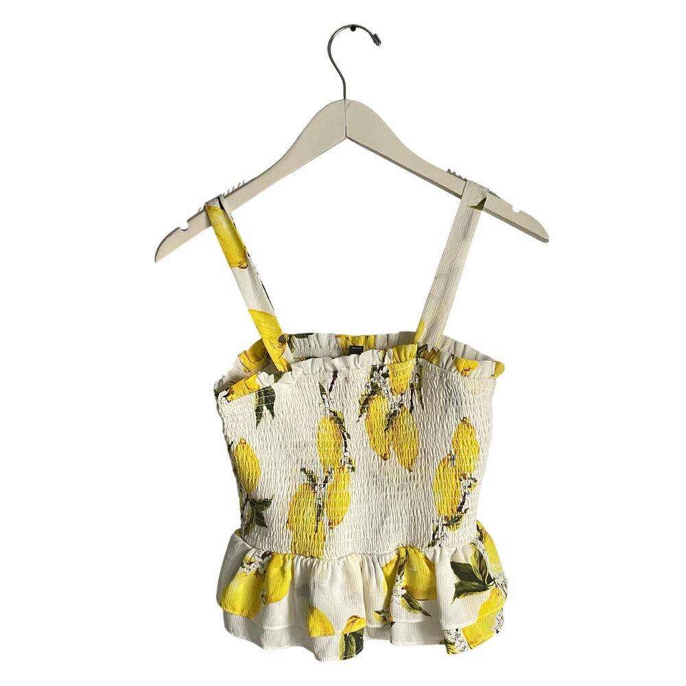Aqua White Yellow Peplum Tank Top Smocked Lemons Novelty Prep Summer Vacation M - Picture 2 of 6